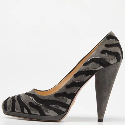 Pre-owned Prada Grey/black Suede Platform Pumps Size 38.5