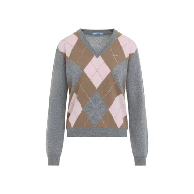 PRADA PRADA GRIGIO CAMMELLO ARGYLE V-NECK SWEATER