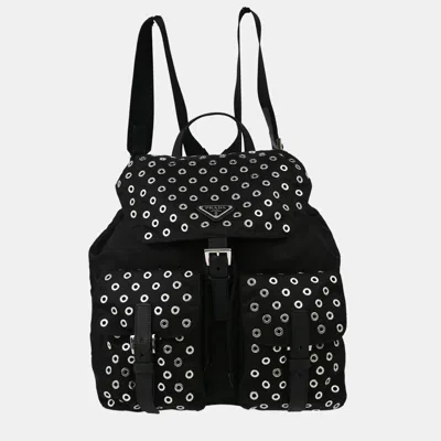 Pre-owned Prada Grommet Embellished Tessuto Medium Black Nylon Backpack Bag