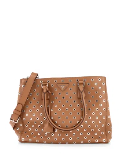 Pre-owned Prada Grommet Galleria Double Zip City Calfskin Medium Tote Bag In Brown