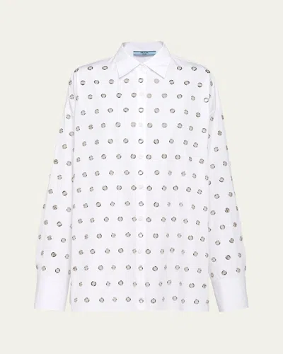 Prada Grommet Poplin Button Down Oversized Top In Bianco