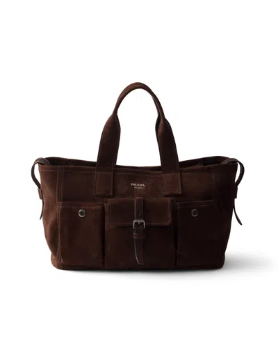 Prada Grosse  Route Tote-bag Aus Veloursleder In Dunkelbraun