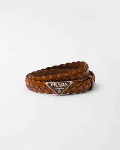 Prada Leather Braided Logo Belt In Brown