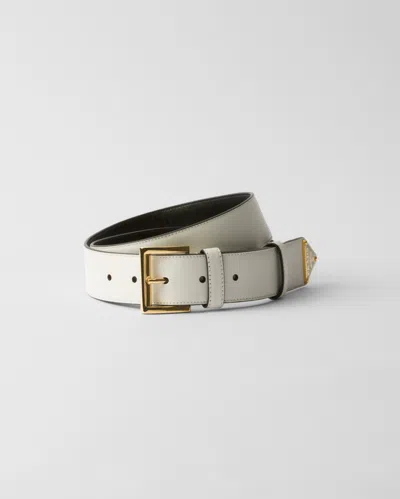 Prada Triangle-logo Leather Belt In White Gold