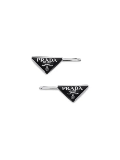 Prada Womens Black Logo-plaque Silver-toned Metal Hair Clips Set Of Two