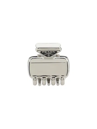 Prada Triangular Hair Clip Metallic Finish In Silver