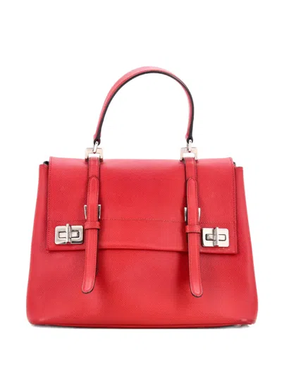 Pre-owned Prada Half Flap Double Turn Lock Saffiano Leather Medium Satchel In Red