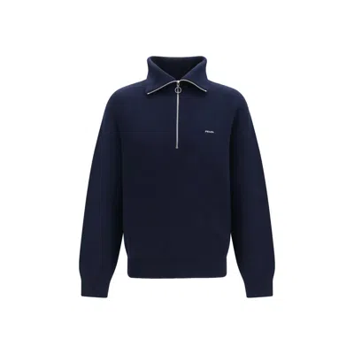 Prada Half-zip Wool And Cashmere Sweatshirt In Blue