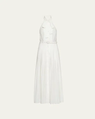 Prada Halter Pleated Silk Belted Dress In Bianco