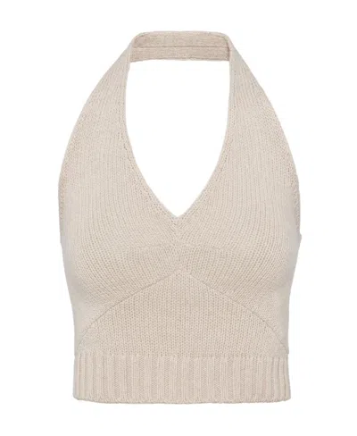 Prada Halterneck Knitted Cropped Top In Beige