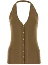 Prada Cotton Knit Halter V-neck With Ribbed Texture And Button Accents In Braun