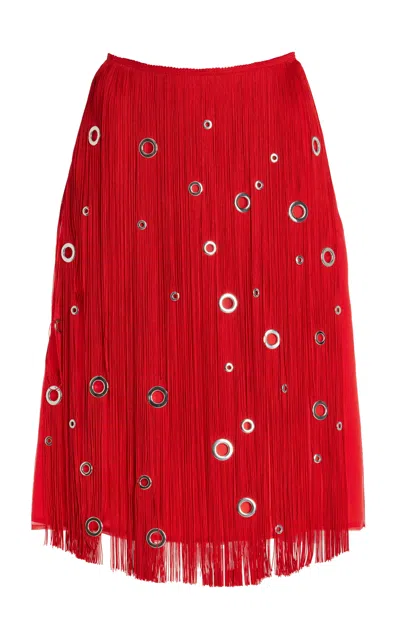 Prada Hand-studded Fringe Midi Skirt In Red