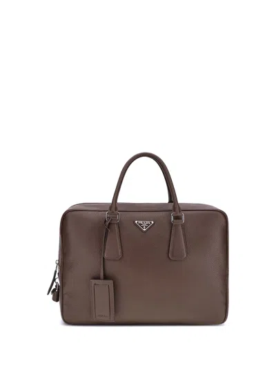 Prada Triangle Logo Leather Briefcase In Brown