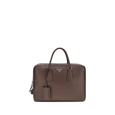 Prada Triangle Logo Leather Briefcase In Brown
