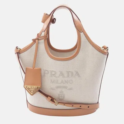 Pre-owned Prada Handbag Canvas Leather White Beige In Sand