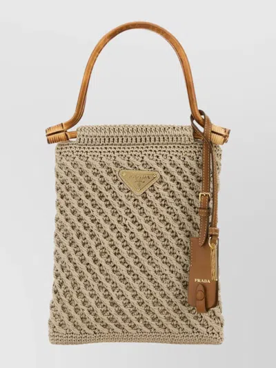 Prada Handbag With Braided Texture And Keychain In Brown