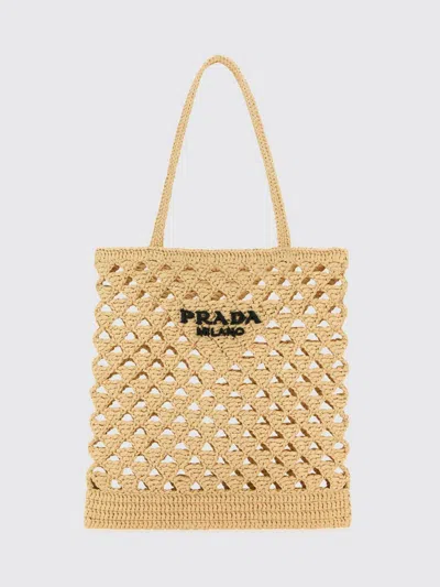 PRADA PRADA EMBROIDERED LOGO PERFORATED CROCHET RAFFIA BAG
