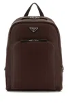 Prada Leather Backpack With Top Handle And Front Zip Pocket In Brown