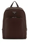 Prada Leather Backpack With Top Handle And Front Zip Pocket In Brown