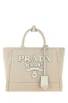 Prada Canvas Shopping Bag With Leather Logo Patch In Beige O Tan