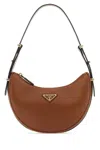 Prada Triangle Logo Plaque Moon Shaped Shoulder Bag In Cognacn