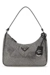 Prada Satin Shoulder Bag With Top Handle And Rhinestones In Gray