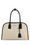 Prada Sand Canvas Medium Shopping Bag In Black