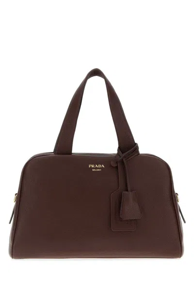 Prada Leather Handbag With Top Handles And Luggage Tag In Brown