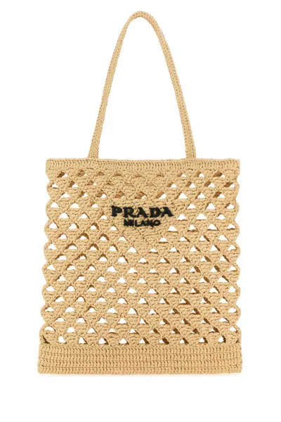 Prada Crochet Logo Shopping Bag Tote Bag Beige In Neutral