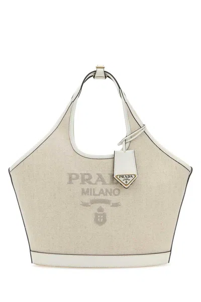 Prada Canvas Top Handle Shoulder Bag In Beige O Tan