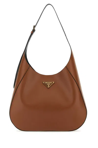 Prada Cleo Brown Leather Shoulder Bag Women In Cream