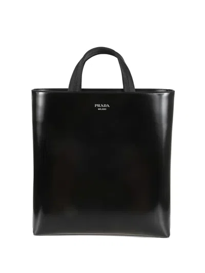 Prada Handle Leather Tote Bag In Black