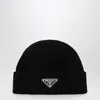 Prada Wool Blend Beanie Hat With Ribbed Knit In Black