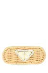 Prada Womens Neutral Brand-plaque Wicker-textured Woven Hair Clip In Beige O Tan