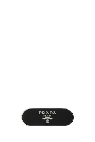 Prada Enameled Hair Clip With Logo In Black