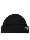 Prada Wool Blend Beanie Hat With Ribbed Knit In Black