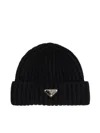 Prada Wool Beanie Hat Folded Cuff In Black