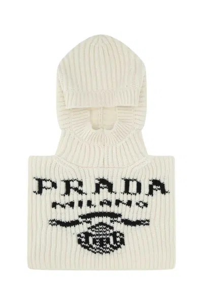Prada Cashmere Balaclava With Folded Brim And Logo Placement In White