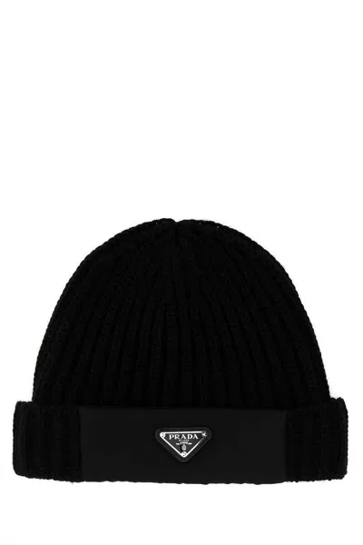 Prada Wool And Re-nylon Hat With Triangle Logo In Black