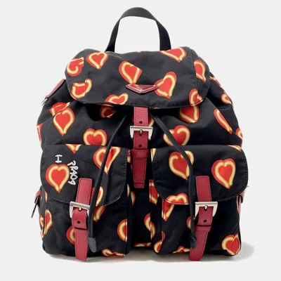 Pre-owned Prada Heart Pattern Backpack Black/red Nylon In Multi