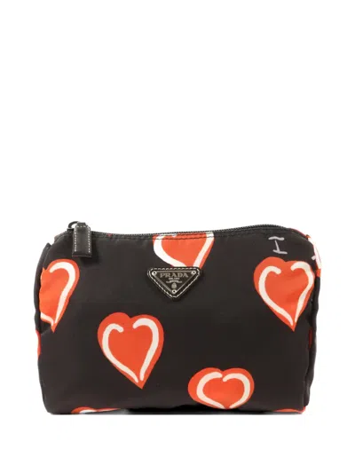 Pre-owned Prada Heart-print Logo-plaque Wash Bag In Black