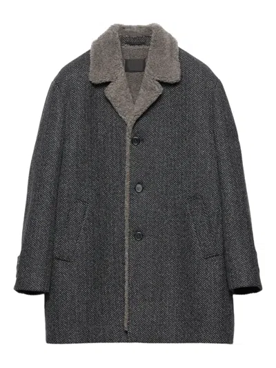 Prada Herringbone Shearling-collar Coat In Gray
