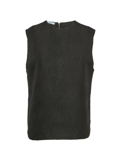 Pre-owned Prada Herringbone Sleeveless Top In Black