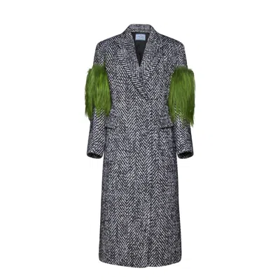 Prada Herringbone Wool With Faux Fur Trim Coat In Gray