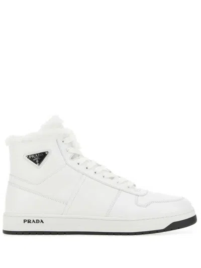 Prada Logo-plaque High-top Sneakers In Bianco Nero