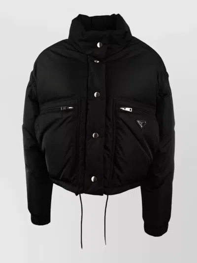 Prada High Collar Jacket Zippered Pockets Hem In Black