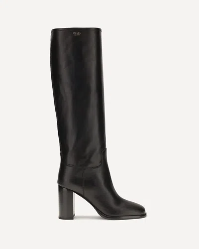 Prada High Leather Boots With Screen-printed Logo In Black