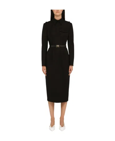 Prada High Neck Belted Waist Midi Dress In Black