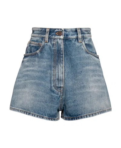 Prada High-rise Logo-plaque Denim Shorts In Blue