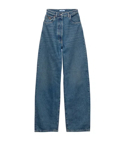 Prada Triangle Logo Wide-leg Jeans In Blue